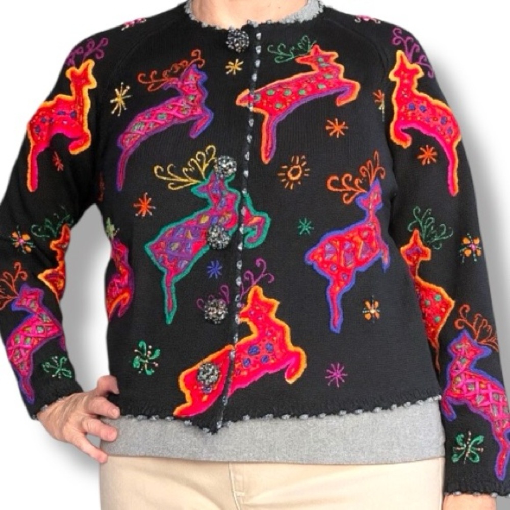 Vintage Michael Simon Beaded Reindeer‎ Cardigan Sweater Black Artwear Colorful